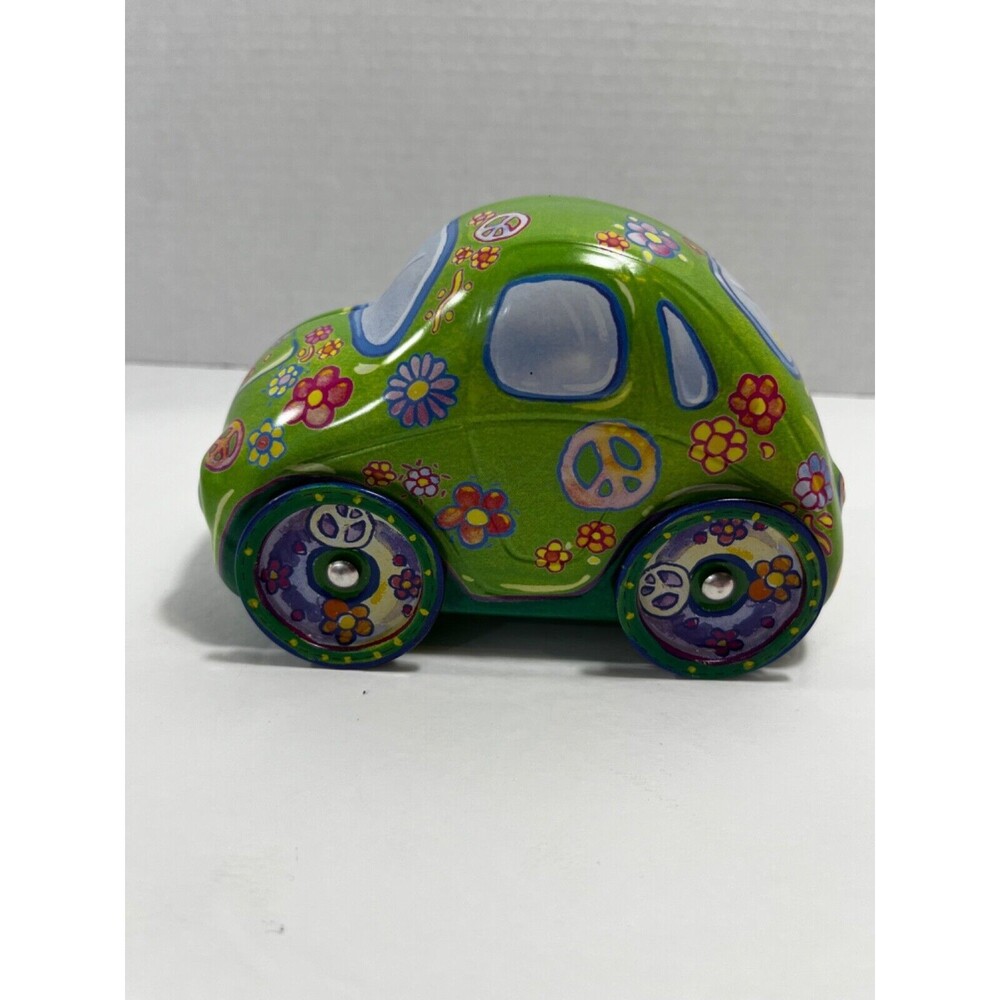 Volkswagen Bug Shape Tin 6" Green With Flowers, Pease Sign Colorful Beetle Car